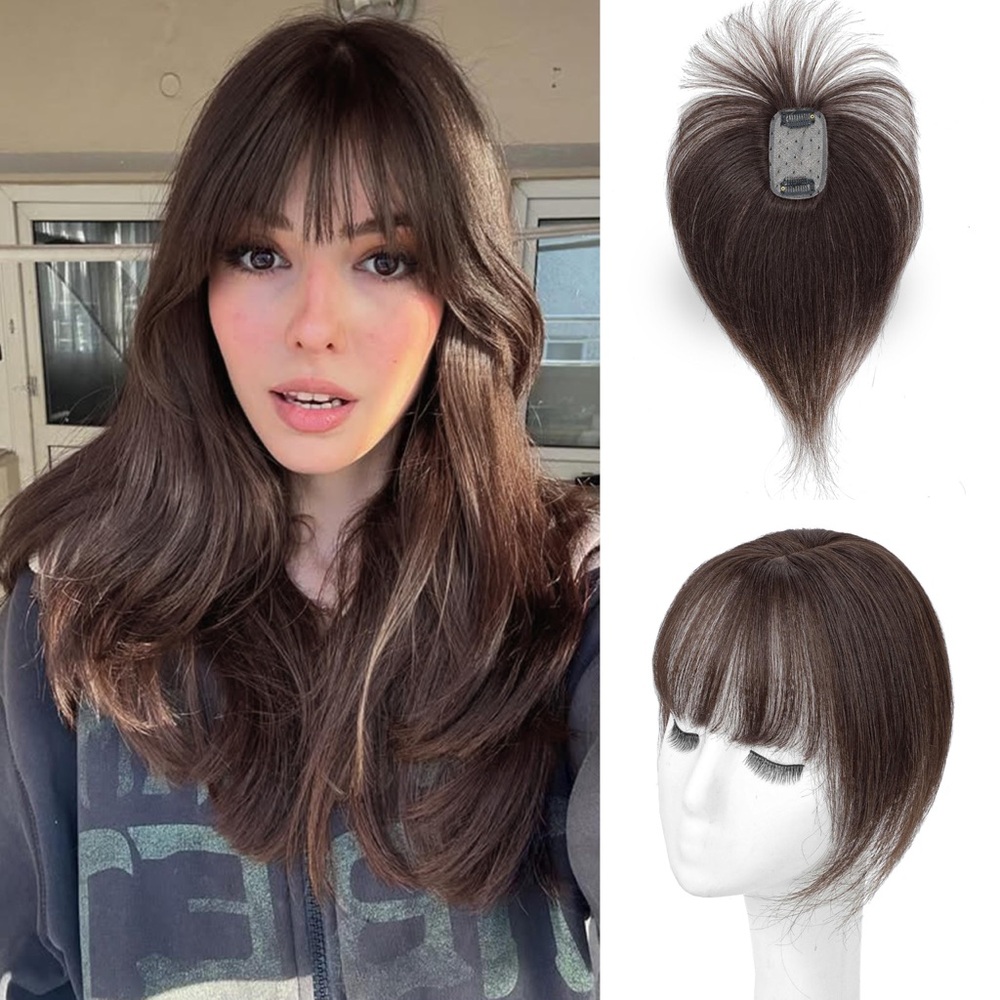 HUMAN HAIR Dark Amber Brown Hair Topper with Bangs- Brand New in Box!